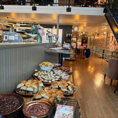Interior, buffet tables setup.