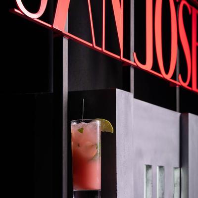 Glass with cocktail.