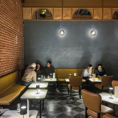 Interior, patrons in seating area.