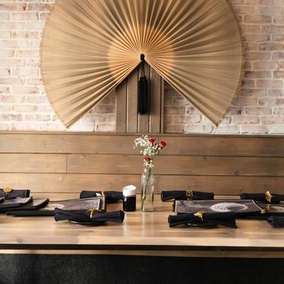 Fully set dining table.