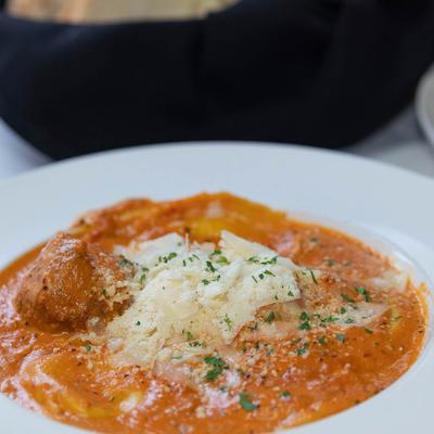 Cheese ravioli, meatball, and vodka sauce.