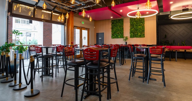 Interior, tall tables and bar bar stools