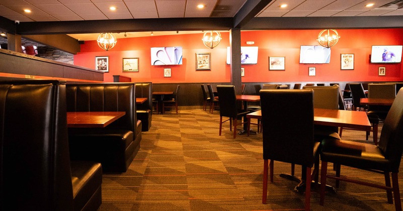 Interior, dining area with booths, tables and chairs