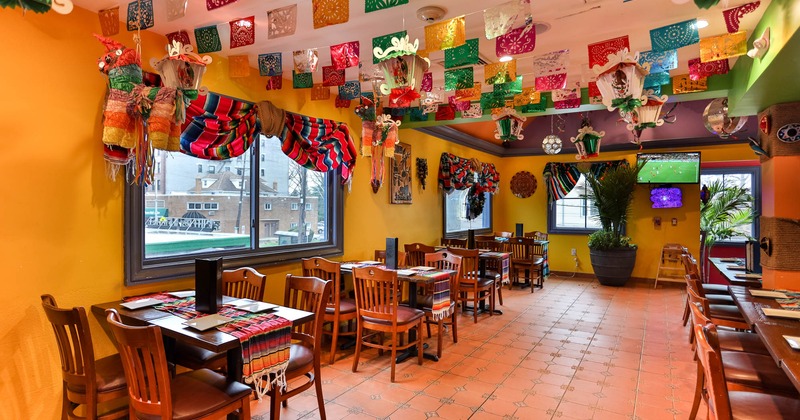 Interior, tables and chairs lined up