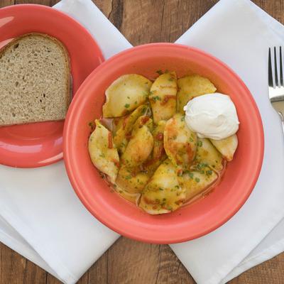 Classic dumplings with a slice of bread.