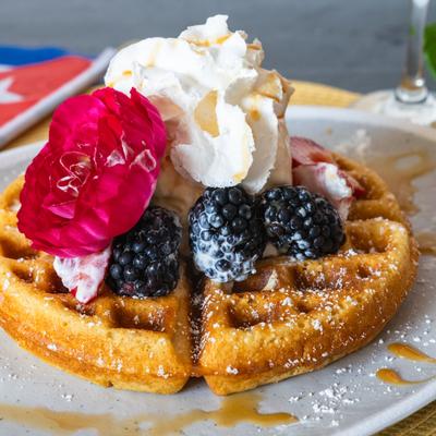 Served waffle with fruit.