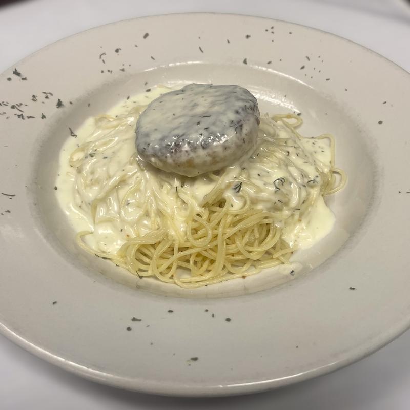 Crab Cake Over Angel Hair Pasta photo