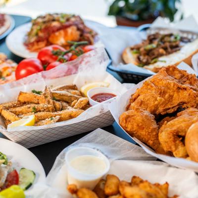 Assorted food, side view.