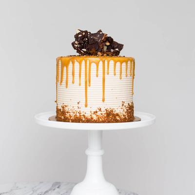 Fleur De Sel Cake (vanilla cake and salted caramel icing) with toffee brittle.