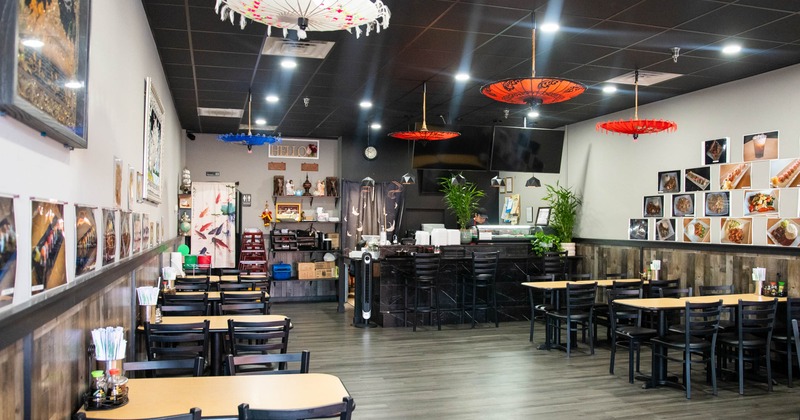 Interior, seating area with a bar in the back