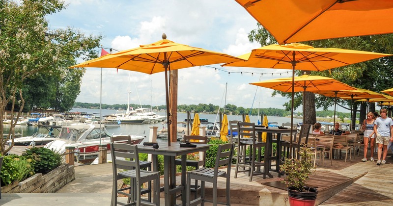 Exterior, dock patio area, tables with parasols