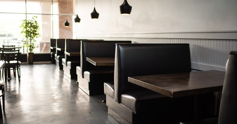 Restaurant interior, lined-up dining booths