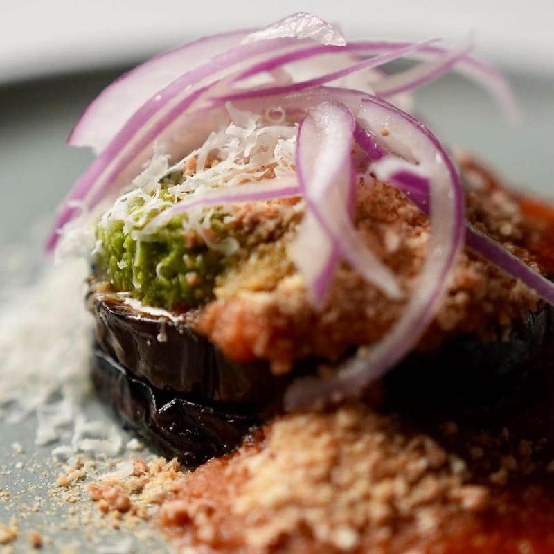 Seared Eggplant | Red Sauce | Pesto | Breadcrumbs photo