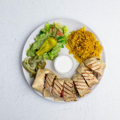 Beef Shawarma Plate, with rice and veggies.