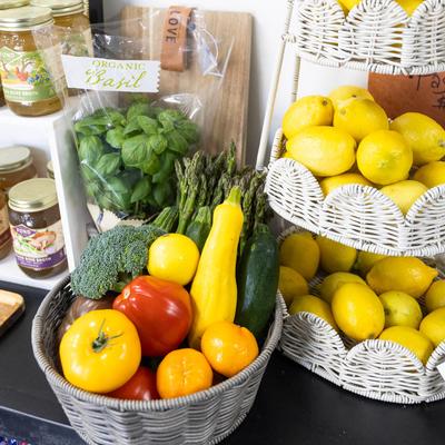 Vegetables in various containers.