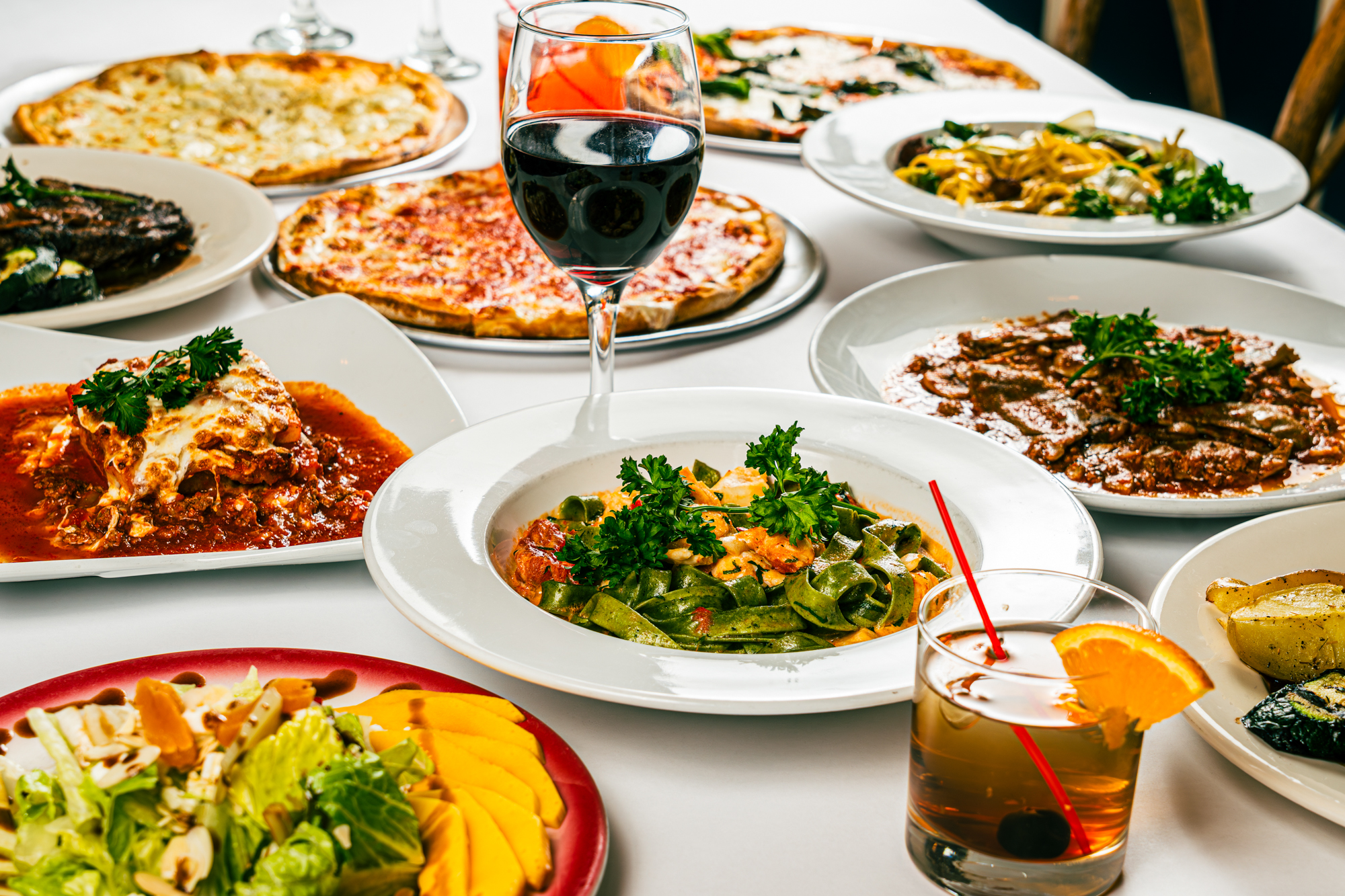 Assorted dishes and wine on a table