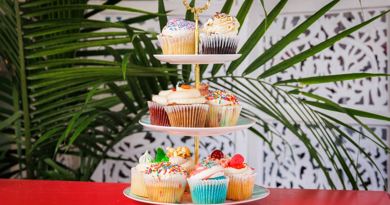 Different cupcakes on a three tier stand