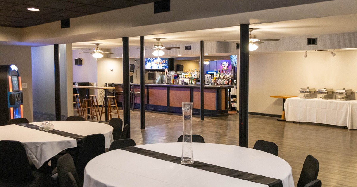 Banquet room with a view of the bar area
