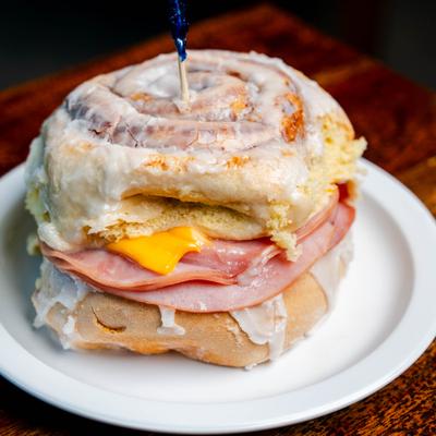 Ham and cheese cinnamon roll.