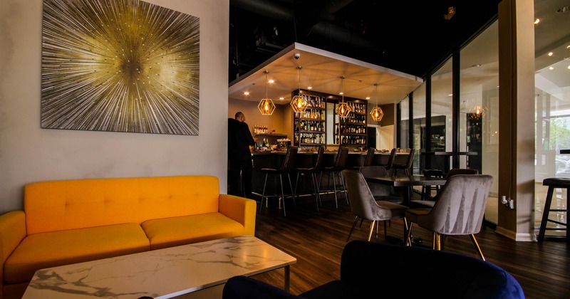 Yellow couch in lounge area