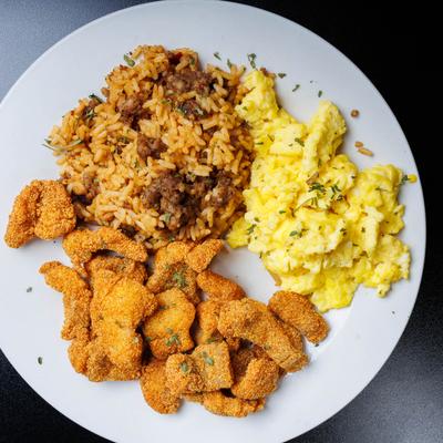 Spicy sausage rice, top view.