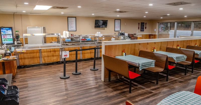 Food serving line and dining area