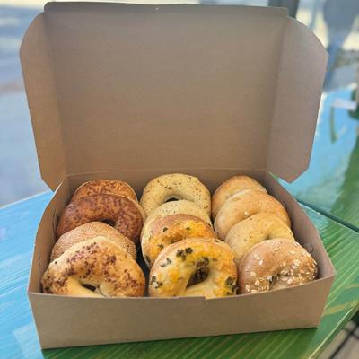 A box of assorted bagels.