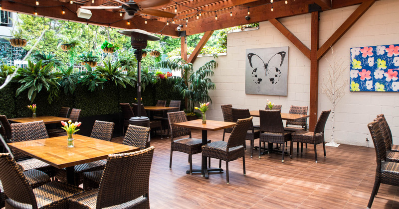 Outdoor seating area, tables ready for guests