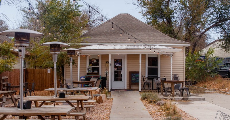 Exterior, tables, benches, lights, restaurant building, the sky