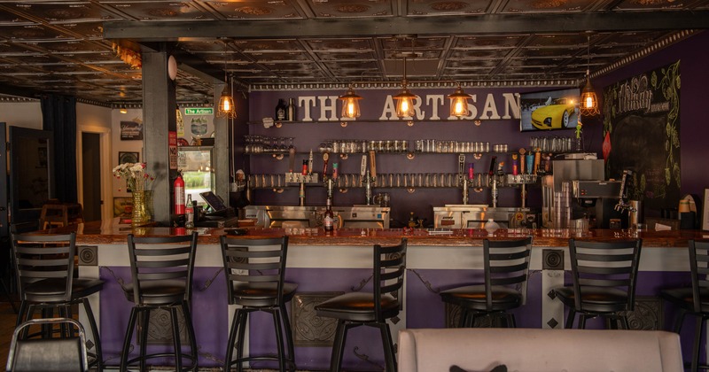 Interior, bar area, bar and bar stools