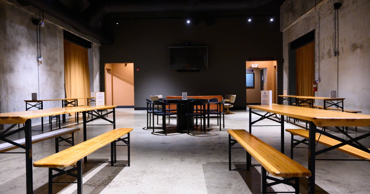 Lounge seating, table seating, comfortable space, TVs in space, private, beer hall tables