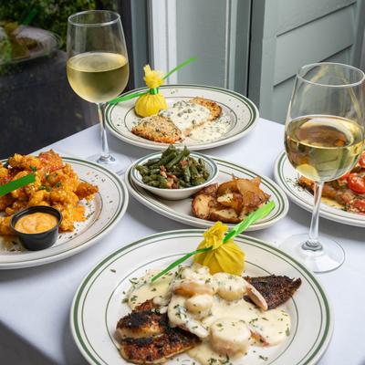 Blackened Redfish LaFourche, Panko Crusted Salmon, Panko Crusted Catfish, Chicken Biloxi.