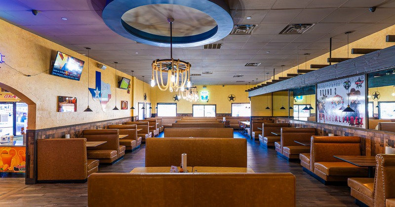 Interior, bright dining area with chandeliers