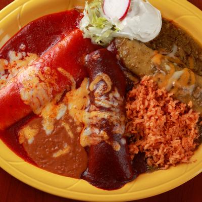 Three enchiladas, chicken mole, pork chile Verde, and classic, served with rice and beans