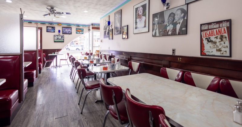 Interior, dining area with film memorabilia on the wall