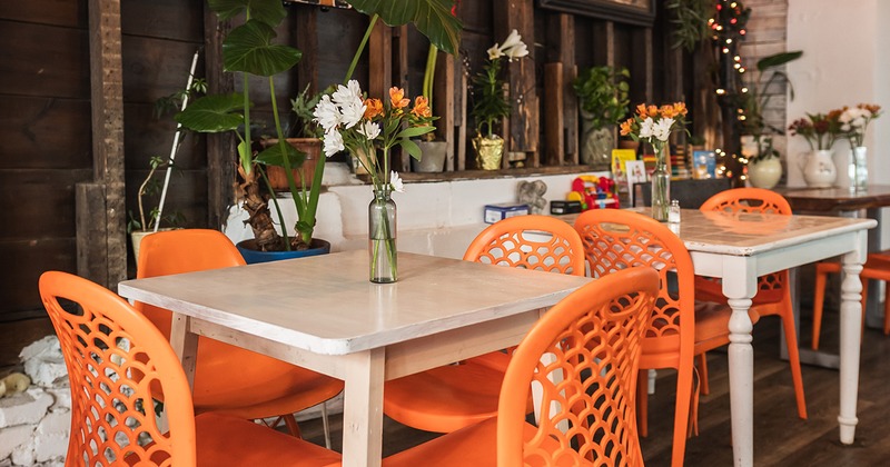 Interior, table for four guests close up, flowers in a vase on the table