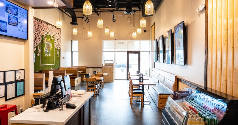 Interior, order counter with a view of the restaurant and entrance door