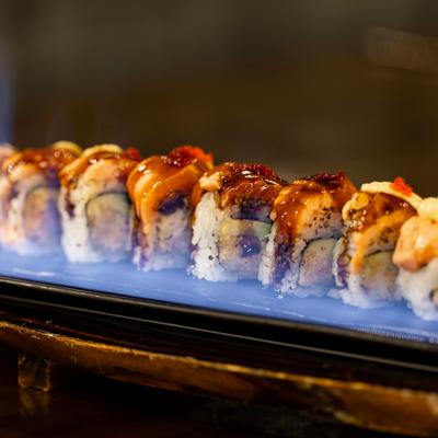 Sushi roll displayed.