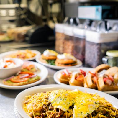 Variety of dishes served on the table.