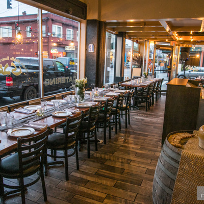 Interior, tables set for guests