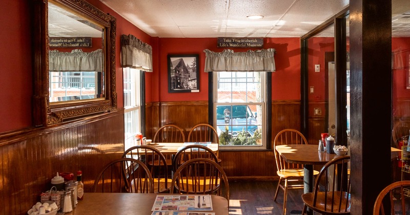 Inside, tables and chairs