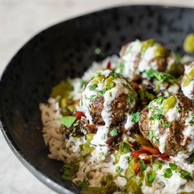 Lamb meatball kati bowl.