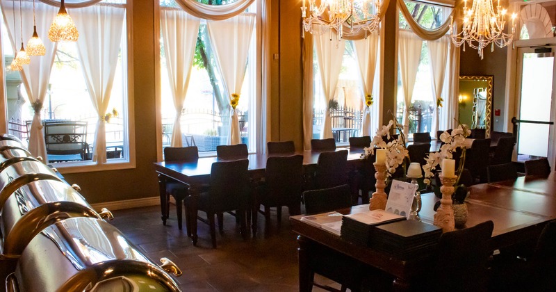 Interior, dining room, long dining tables with chairs