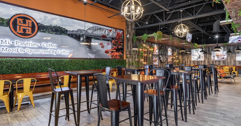Interior, bar stools and tall tables