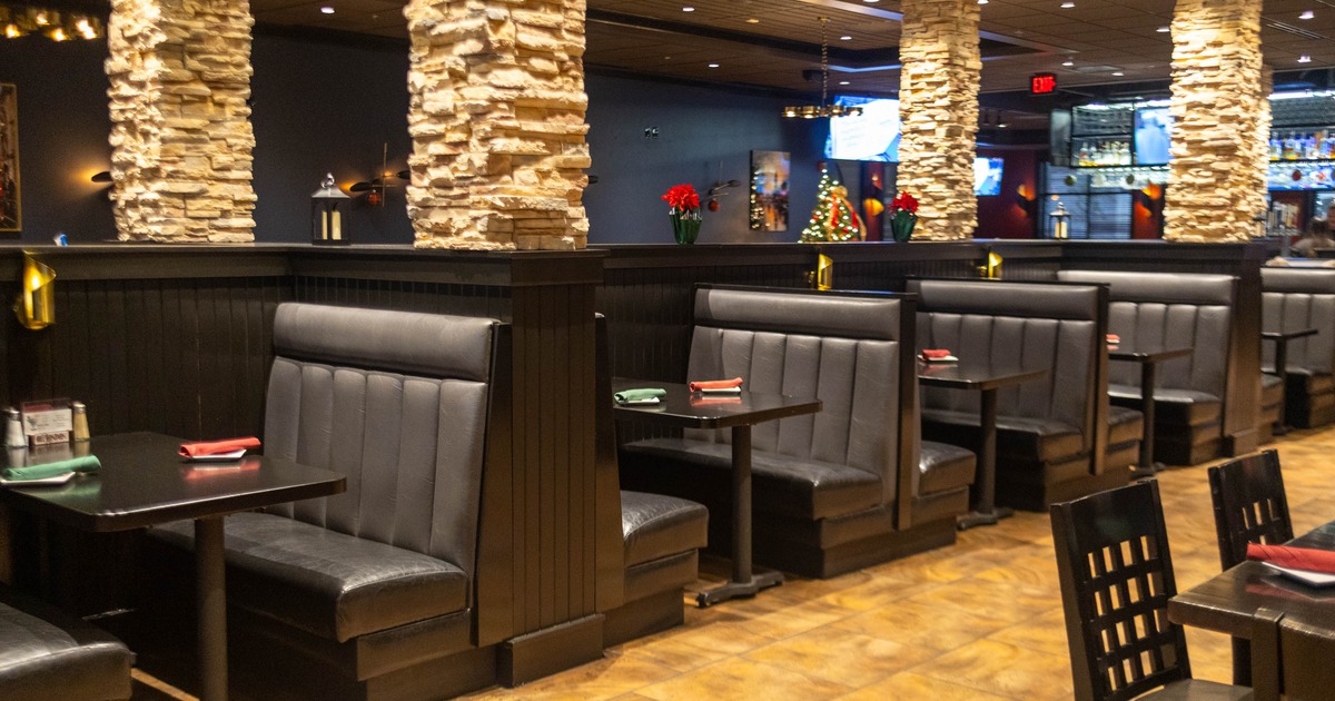 Interior, seating area with booths and tables