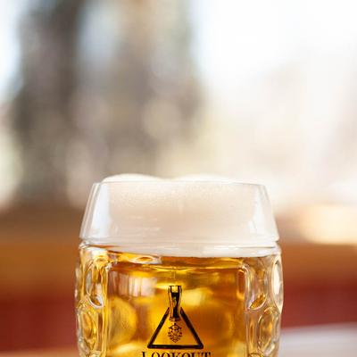 Light-colored beer served in a mug with dimpled glass design.