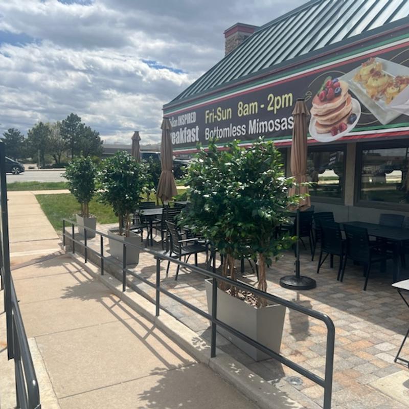 Patio seating area, potted plants