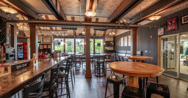 Interior, bar area, tables, stools