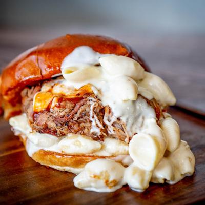 Pulled pork sandwich, with mac and cheese.