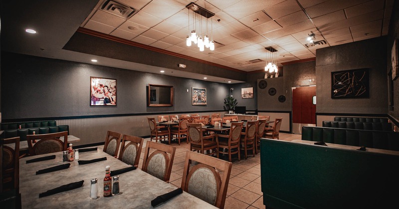Interior seating area with chairs, tables and booths, modern decoration